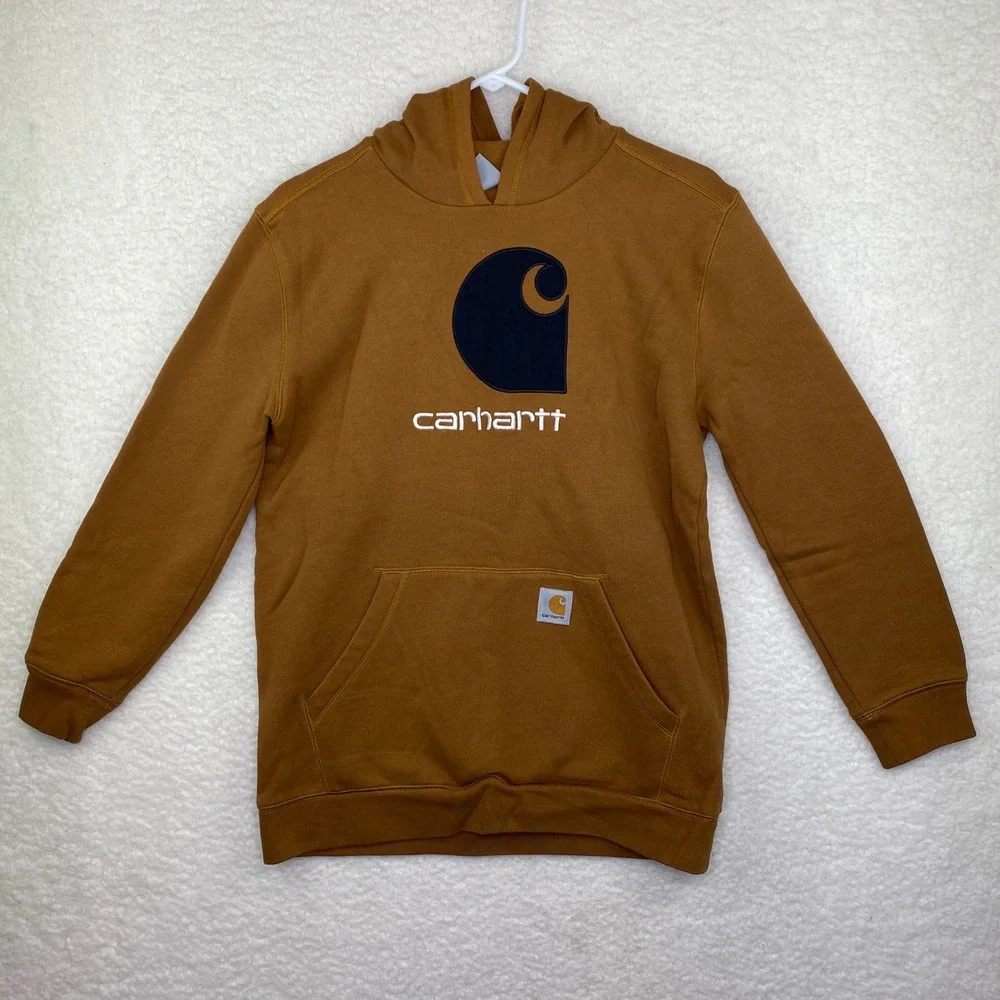 Carhartt Boys Brown Logo Graphic Hooded Sweatshirt Fleece Hoodie‎ Size L 14-16